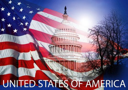 Foto de Bandera Americana Edificio del Capitolio de Estados Unidos con "Estados Unidos de América" - Imagen libre de derechos