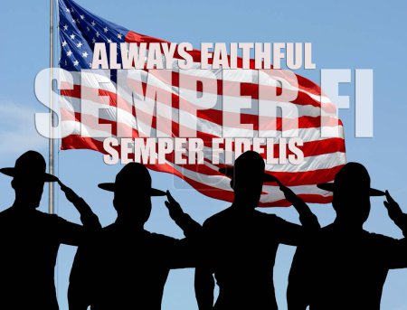 Photo for Silhouetted marines saluting a flag. The motto "Semper Fidelis (always faithful). - Royalty Free Image