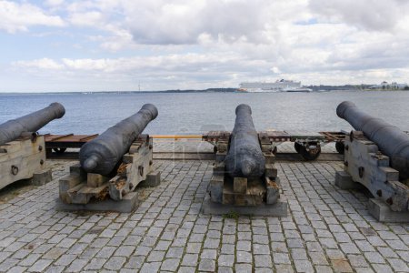 Photo for Beautiful old cannons of maritime museum at tallinn coast with baltic sea at background and a big ship at the horizon - Royalty Free Image