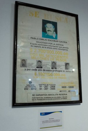 Photo for Pablo Escobar Gaviria and Medellin Cartel most wanted poster with rewards and criminal pictures inside police museum - Royalty Free Image