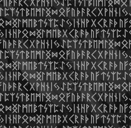 Grey ancient viking runes alphabet pattern over a dark water color effect at background
