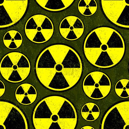 Téléchargez les illustrations : Symbole nucléaire radioactif sur fond vert avec effet usé motif sans couture - en licence libre de droit