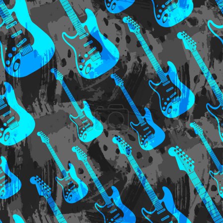 Téléchargez les illustrations : Guitare électrique vintage bleue sur fond aquarelle gris effet motif sans couture - en licence libre de droit