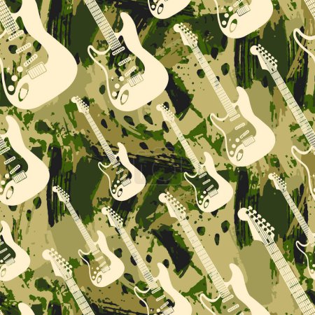 Téléchargez les illustrations : Guitare électrique vintage sur fond de camouflage vert foncé effet aquarelle motif sans couture - en licence libre de droit