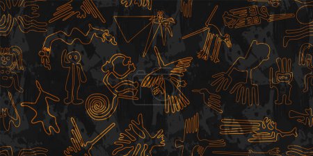 Téléchargez les illustrations : Incroyable monde célèbre péruvien anciennes lignes nazca d'or sans couture motif sur un fond effet aquarelle noire - en licence libre de droit