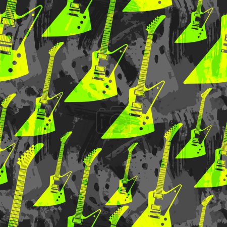 Téléchargez les illustrations : Guitare électrique verte sur fond d'aquarelle gris foncé effet motif sans couture - en licence libre de droit