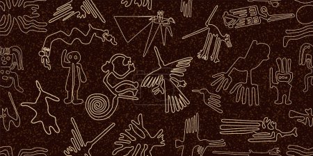 Téléchargez les illustrations : Incroyable monde célèbre péruvien anciennes lignes nazca indigènes motif sans couture sur un fond brun foncé usé - en licence libre de droit