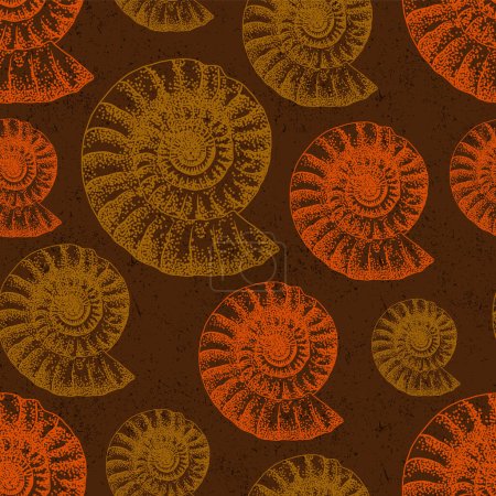 Ilustración de Hermoso brwon y naranja fósiles de amonita patrón de costuras sketck sobre marrón desgastado efecto en el fondo - Imagen libre de derechos