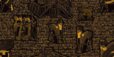 Beautiful golden sumerian and asyrian seamless pattern over black background with cuneiform writtings