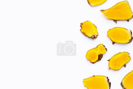 Photo for Phlai slices, Cassumumr ginger or zingiber montanum on white background. - Royalty Free Image
