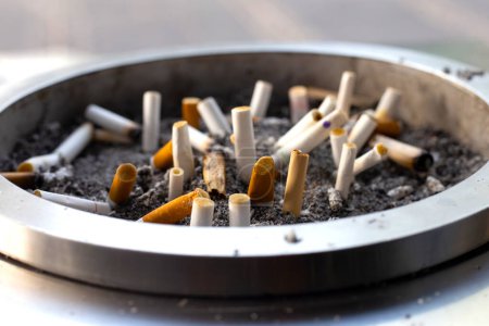 Foto de Cigarettes and ash on dirty sand in trash tray - Imagen libre de derechos