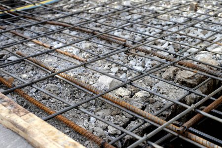 Reinforcement before pouring concrete with foundation pile, concrete floor
