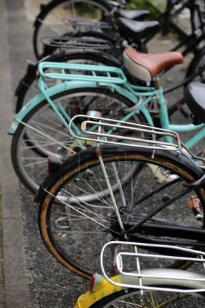 Un grupo de bicicletas alineadas en fila en la acera.