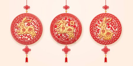 Illustration for Rabbit zodiac sign, isolated Chinese New Year hanging decoration with tassels set in red and gold colors. Paper cut with flowers and lotus blossom, Chinese ornament. Vector in flat style illustration - Royalty Free Image