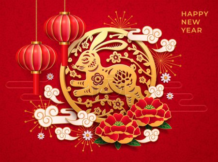 Illustration for CNY rabbit zodiac and hanging Chinese lanterns. Clouds and fireworks, lotus in blossom and botany. Happy New Year text translation with Character Fu hieroglyphs. Vector in 3d paper cut style - Royalty Free Image
