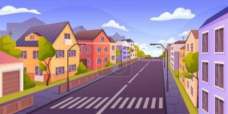 Illustration for City or small town empty road with rows of houses, outdoors lights and pavements. Cityscape with apartments and green trees growing. Vector illustration - Royalty Free Image