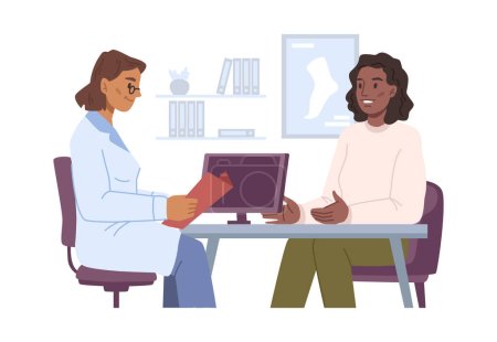 Illustration for Patient at consultation in hospital or clinics. Woman listening to medical worker giving prescriptions or treatment. Flat cartoon character, vector in flat style - Royalty Free Image