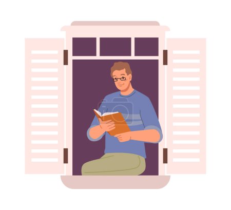 Ilustración de Personaje masculino sentado en el alféizar de la ventana y leyendo libro. Ocio y fin de semana en casa, actividades y pasatiempos. Personaje de dibujos animados, vector en estilo plano - Imagen libre de derechos