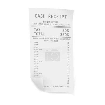 Cash receipt from supermarket with tax and total sum. Vector register sale receipt print on paper. Realistic financial atm transaction check