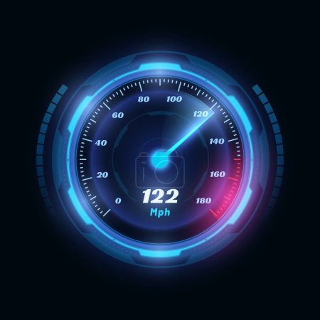 Illustration for Speed digital dashboard, automobile power meter, display speedometer. Modern indicator, digital odometer display technology for racing game. Fast or slow internet connection meter - Royalty Free Image