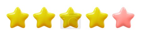 Illustration for Golden four stars out of 5, isolated icon review or grade of services. Feedback from client or customer, assessment. Vector in three dimensional 3d style - Royalty Free Image