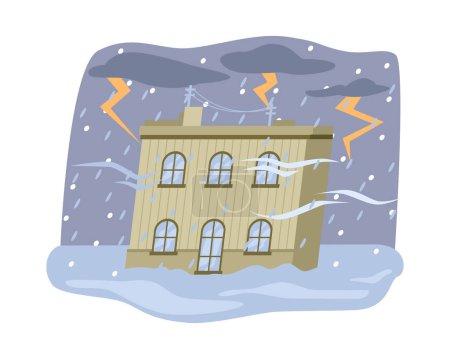 Ilustración de Tormentas eléctricas con rayos, nubes grises y granizo o fuertes lluvias con copos de nieve. Blizzard y desastres naturales, cataclismo y catástrofe. Vector en estilo plano - Imagen libre de derechos
