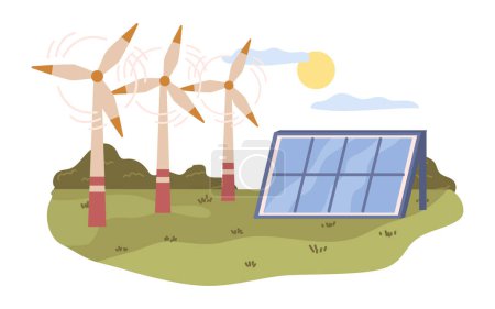 Téléchargez les illustrations : Moulins à vent, centrales solaires et éoliennes accumulant de l'énergie. Moulins et panneaux, de manière écologique et écologique. Ressources naturelles renouvelables. Vecteur en style plat - en licence libre de droit