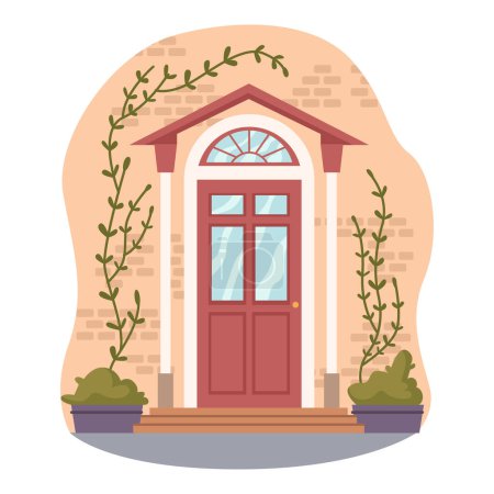 Ilustración de Puertas de entrada de casa, porche de casa con decoración. Macetas con plantas y flores tejedoras con hojas. Porche exterior vista frontal diseño. Vector en estilo plano - Imagen libre de derechos