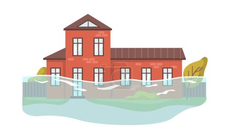 Flood and climate change consequences. Natural disaster and catastrophe, cataclysm and damage of houses and infrastructure, waves of water. Vector in flat style