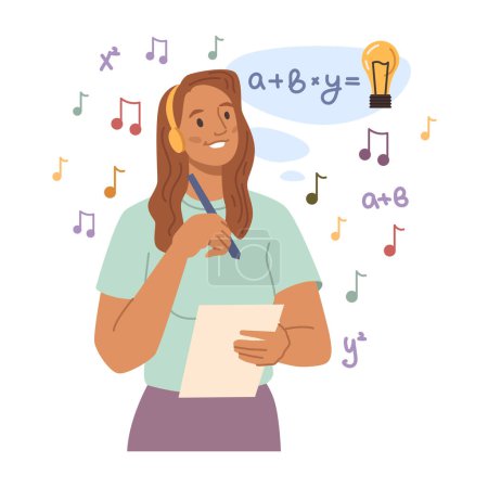 Illustration for Involuntary type thinking or mindset, isolated woman with creative and analytical skills. Composing songs and creating music. Cartoon character, vector in flat style - Royalty Free Image