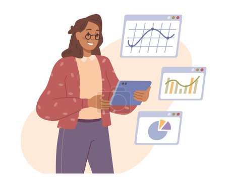 Illustration for Business project and statistics, isolated employee working on analysis of corporation development and profit making. Flat cartoon character, vector in flat style - Royalty Free Image