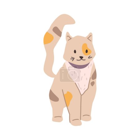 Illustration for Portrait of kitty with long tail and soft furry coat. Isolated domestic animal with spots on fur. Feline mammal, pet standing still. Vector in flat style - Royalty Free Image