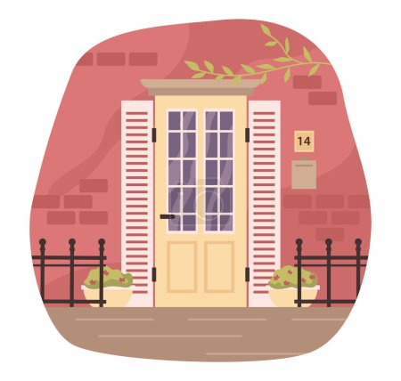 Illustration for Entrance doors of house or home, porch with fence and decorative flower pots. Building exterior design, front view of construction. Vector in flat style - Royalty Free Image