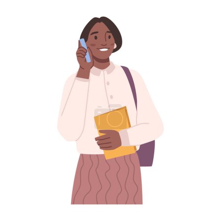 Illustration for Business lady or student talking on phone. Isolated female personage with smartphone and file of documents in hands. Flat cartoon character, vector in flat style - Royalty Free Image