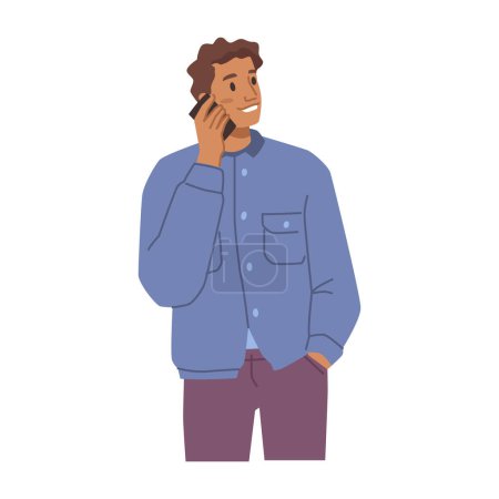 Man talking on smartphone, holding gadget in hand and smiling. Male personage explaining and discussing on cell. Flat cartoon character, vector in flat style