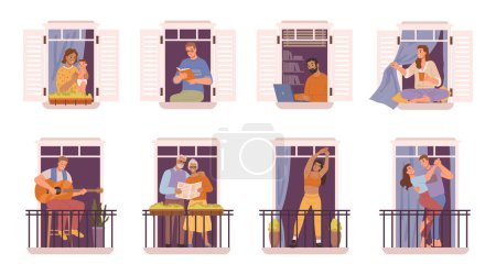 Illustration for Characters sitting on window sill or standing on balconies, cartoon set. Reading book and working, drinking coffee and playing guitar, dancing and doing sports. Vector in flat style - Royalty Free Image
