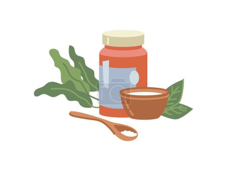 Illustration for Cosmetics and products from spa salon. Isolated lotion and salt for bath, bowl with spoon, decorative tropical flora. Vector in flat cartoon style illustration - Royalty Free Image