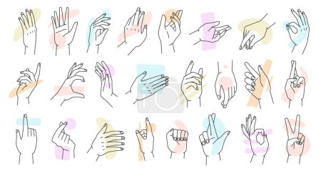 Illustration for Woman hand icon collection line. Vector Illustration different gestures of abstract elegant female hands. Lineart in trendy minimalist style set. Body nonverbal language, communication by arms - Royalty Free Image