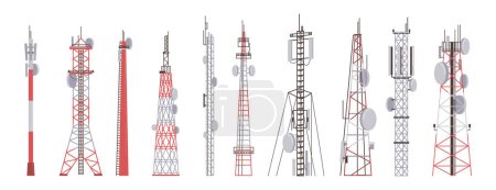 Ilustración de Torre de radio imponente tecnología de comunicación iconos de antena conjunto. Ilustración vectorial altísimo equipo de difusión aislado en blanco. Construcción en ciudad con estación de señal inalámbrica de red - Imagen libre de derechos
