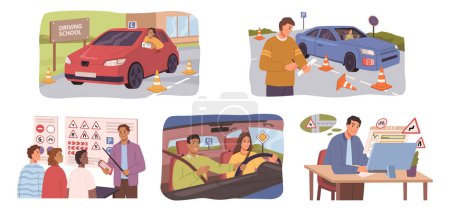 Driving school, car education exam, instructor and students flat cartoon vector set. Student sit in car, look at road. Traffic lights and signs. Man learning rules, passing exams for driver license