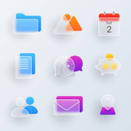 Illustration for 3d minimal glassmorphism ui icon set for website or mobile app. Vector calendar and folder sign, document and message, location and image symbol, piggy bank, location and notification sign - Royalty Free Image