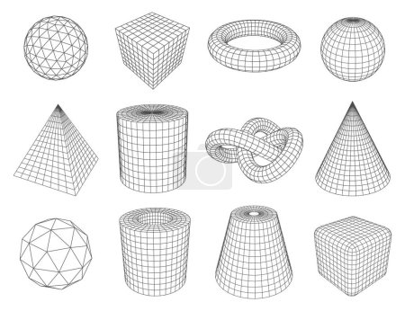 Ilustración de Forma geométrica de línea polivinílica baja, triángulo vectorial aislado y pirámide, círculo y cubo, cilindro y cono. Figuras poligonales de matemáticas y geometría, conjunto de perspectivas de marco - Imagen libre de derechos