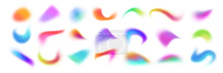 Illustration for Set of spot multicolored brush strokes, colorful gradient shape blur. Vector fluid paint, collection of isolated elements of holographic chameleon design palette of shimmering colors - Royalty Free Image