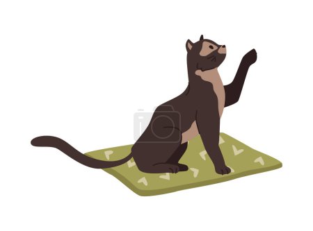 Illustration for Cat life habits and leisure, isolated black kitten sitting on soft mat raising paw asking. Domestic pet, feline animal and mammals. Vector in flat style - Royalty Free Image
