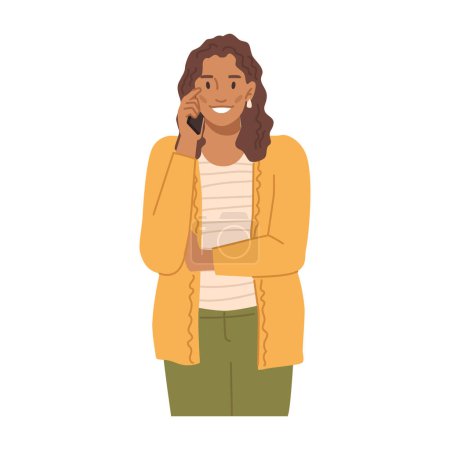 Illustration for Female personage holding smartphone in hand talking and communicating with friends. Woman with cell phone listening. Flat cartoon character, vector in flat style - Royalty Free Image