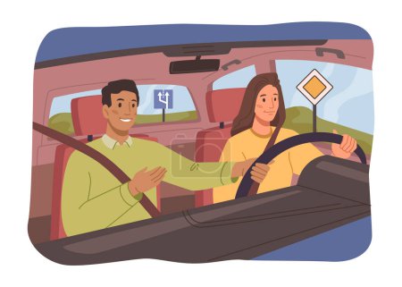 Female character learning to drive at driving school. Instructor sitting in car next to beginner driver. Flat cartoon education and drive lesson. Woman and man sits inside vehicle, vector illustration