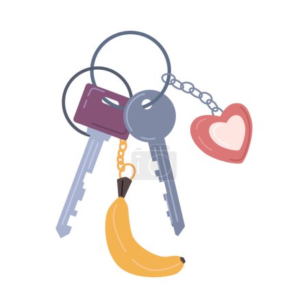 Illustration pour Clés avec porte-clés comme coeur et banane bibelots dessin animé plat illustration. Porte-clés vectoriel et porte-clés, clés modernes avec pendentifs. Location de maisons, propriété, concept immobilier - image libre de droit