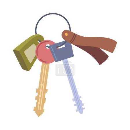 Illustration for Cartoon keyrings, apartment keys with keychain, key chain pendant. Vector illustration of home keychain and keyholder, keyring loss protection, real estate house pocket. Keyring and key for apartment - Royalty Free Image