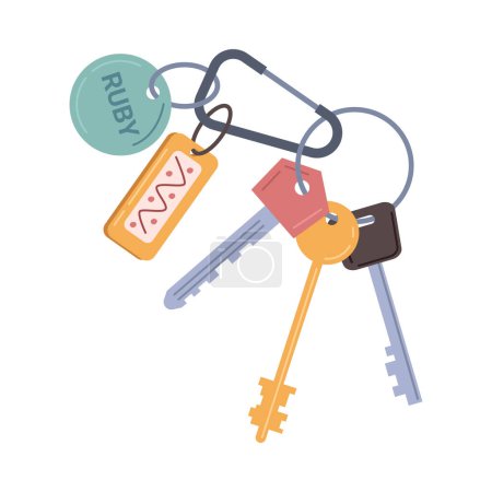 Illustration for Keys with keychains, trinkets with names flat cartoon illustration. Vector modern keys with pendants. Home rental, property, real estate concept. Keyholder and keyring, open key for apartment - Royalty Free Image