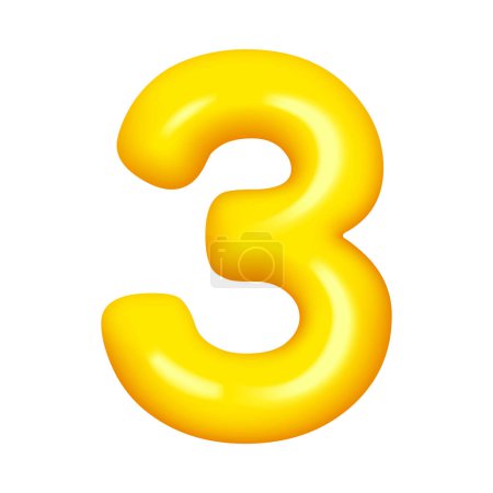 Illustration for Three number 3d numeral, third anniversary balloon, wedding greeting cards elegant sign. Vector birthday party font, 3rd numeral of golden yellow metal, 3 elegant balloon greeting cards decor - Royalty Free Image